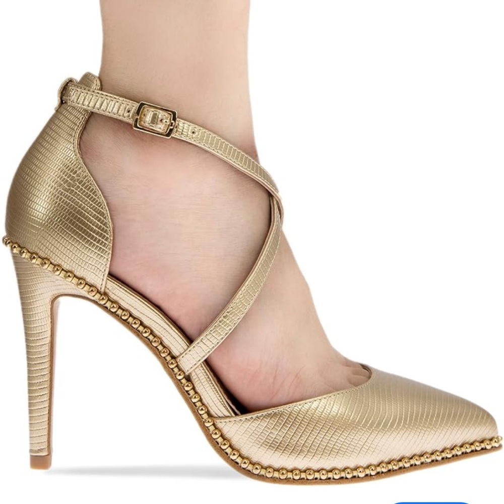 ✨💛 BCBGeneration Gold Metallic Cross-Strap Pointed-Toe Heels 💛✨